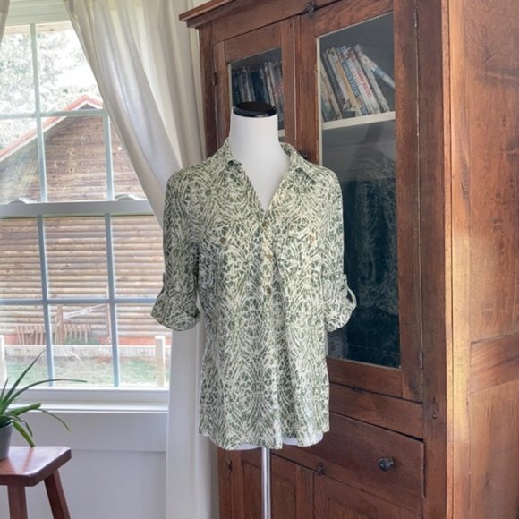 Cathy Green/Cream Pullover Top, Size L - Picture 1 of 6